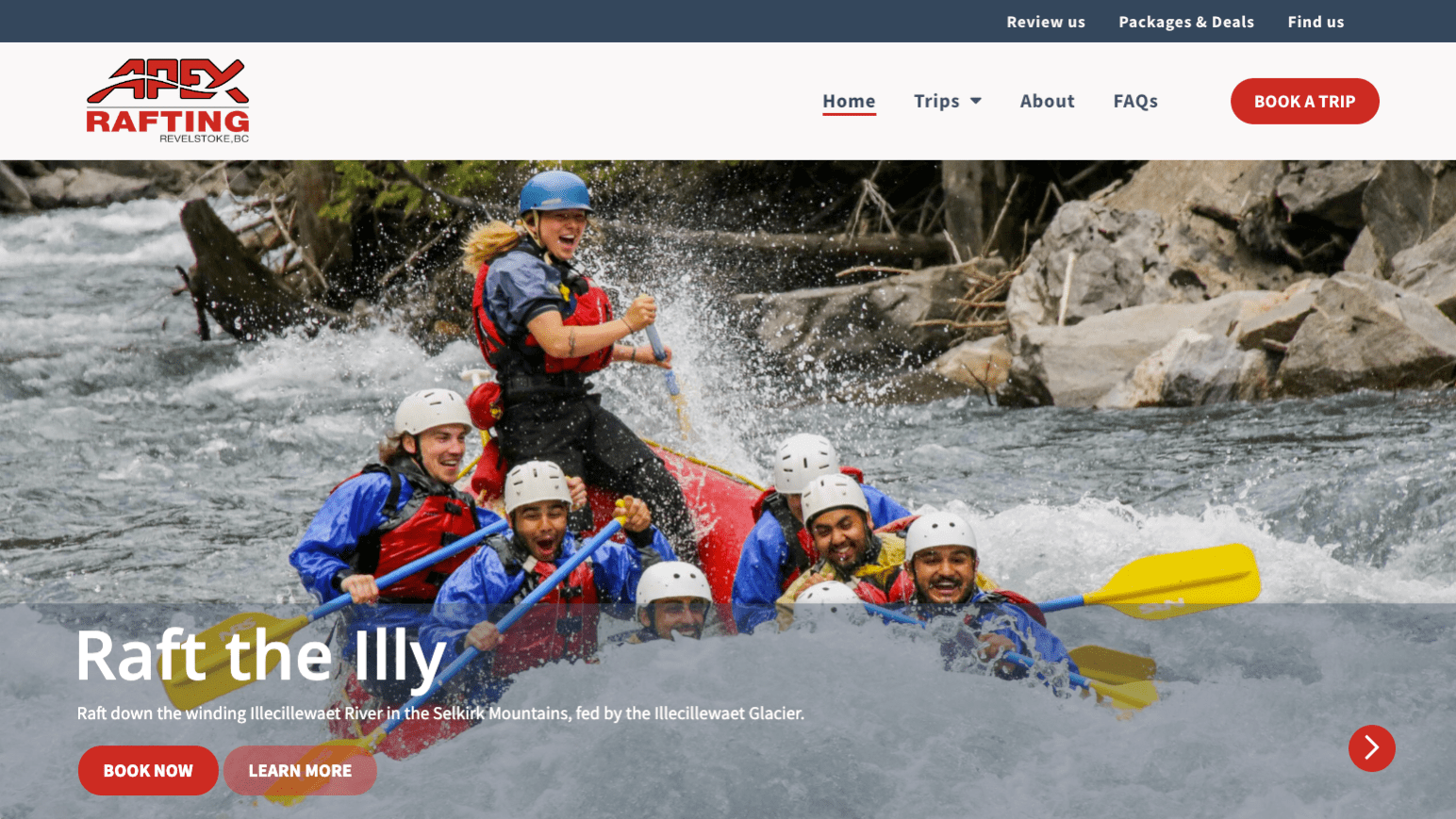 Apex Rafting website homepage