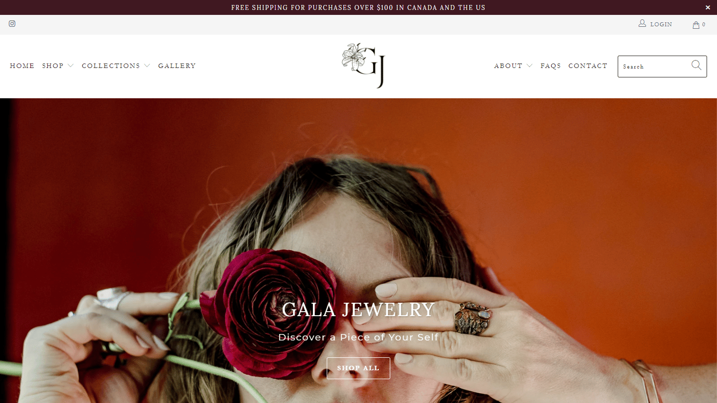Home page of Gala Jewelry with image of woman covering eyes with flower and hand