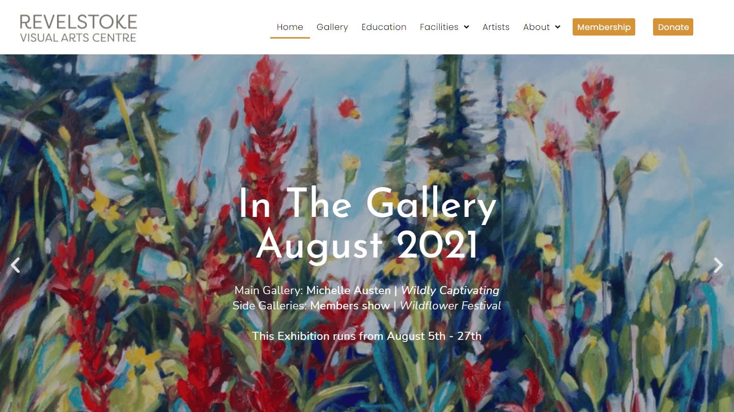 Home page of Revelstoke Visual Arts Centre with floral painting exhibit