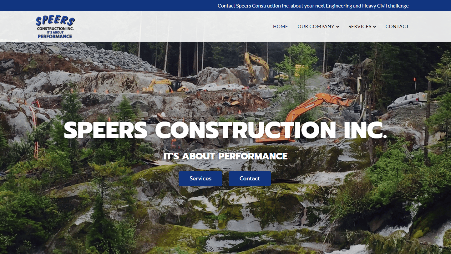 Home page of Speers Construction Inc with image of machines doing excavation