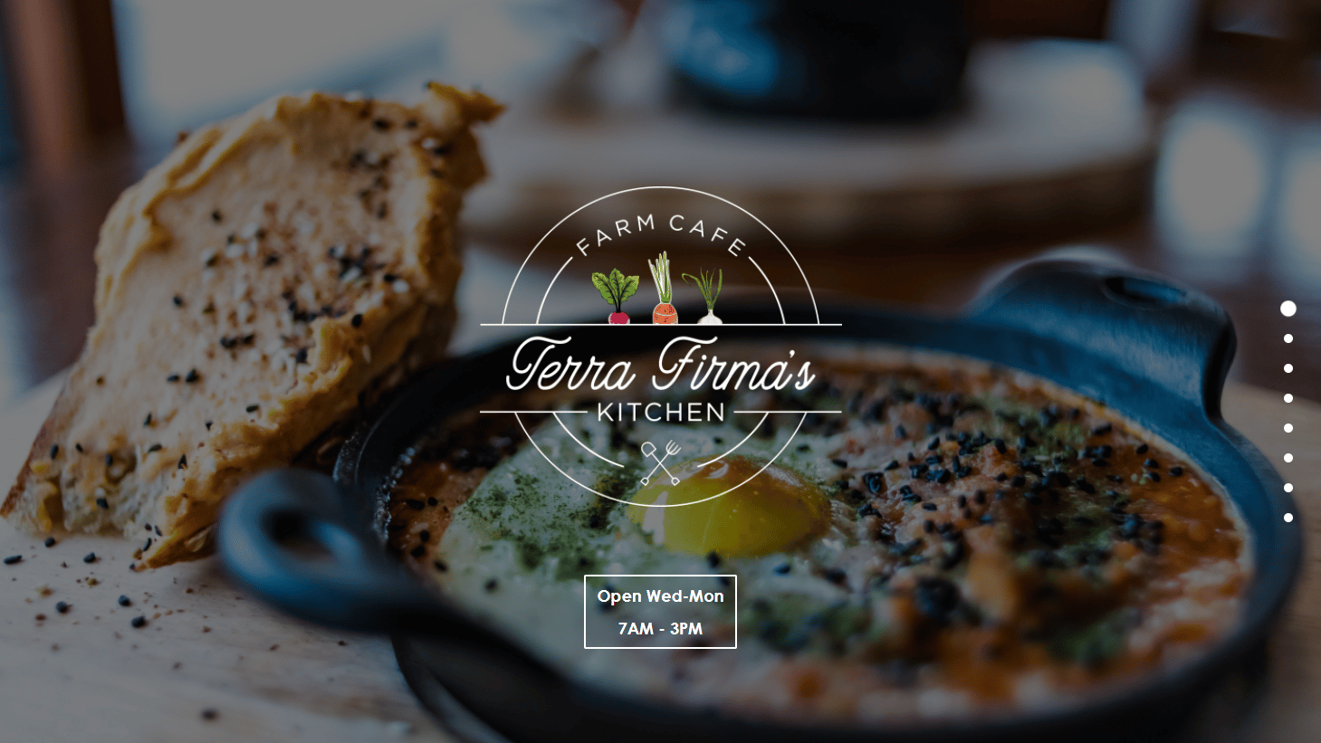 Home page of Terra Firma's Kitchen with close up image of skillet breakfast